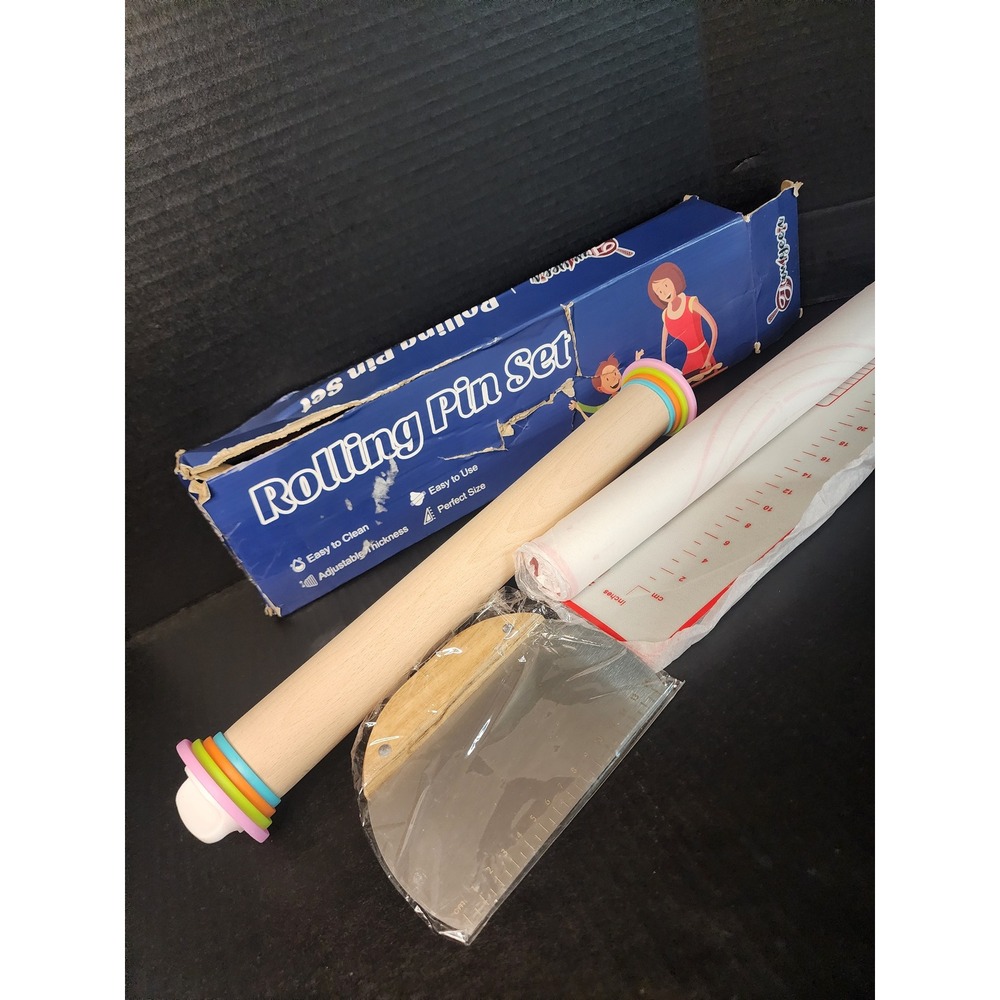 FAMYEEN Adjustable Wooden Rolling Pin Set with Silicone Pastry Mat & Scraper